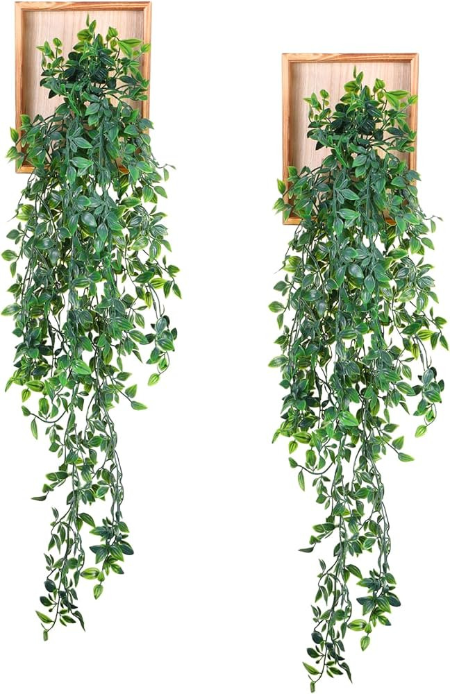 2 Pack Artificial Hanging Plants with Wooden Frames Fake Hanging Mandala Leaves Greenery Plants M... | Amazon (US)
