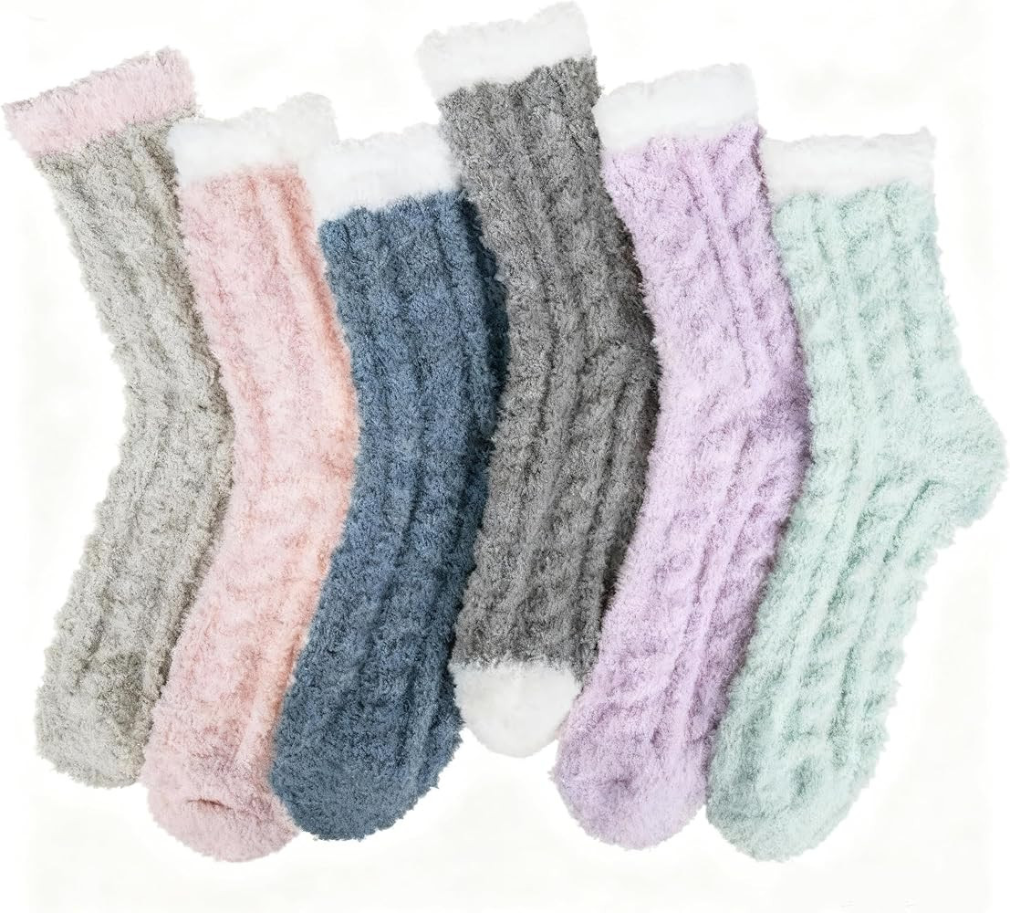 6 Pairs Womens Fuzzy Socks Winter Warm Soft Cozy Fluffy Microfiber House Sleeping Slipper Socks C... | Amazon (US)