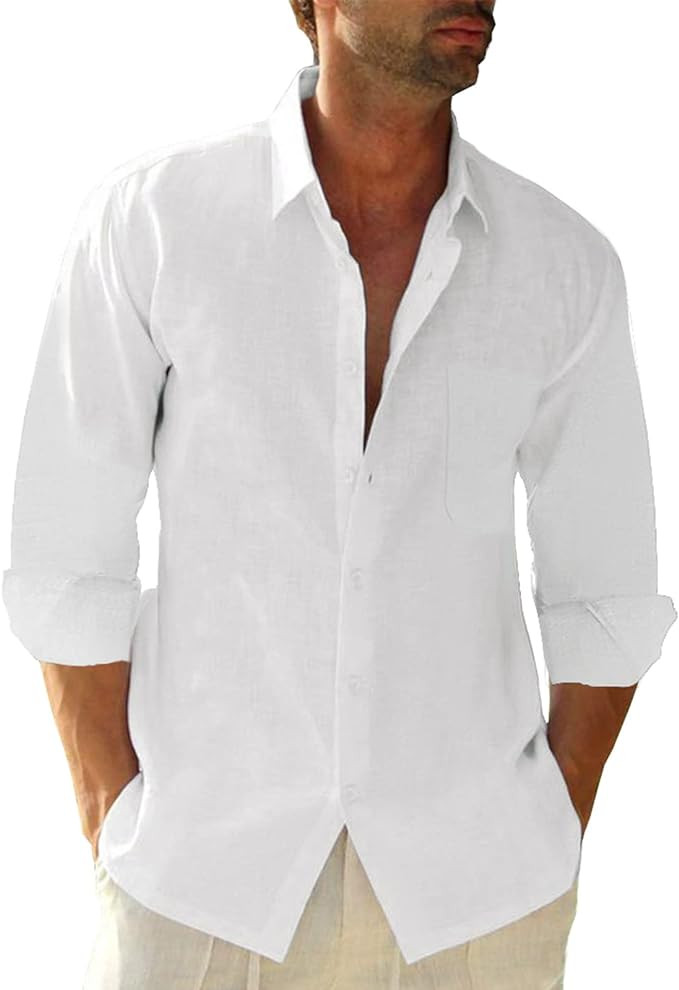 Button Down Linen Shirts for Men Casual Long Sleeve Regular Fit Cotton Beach Shirts with Pocket | Amazon (US)