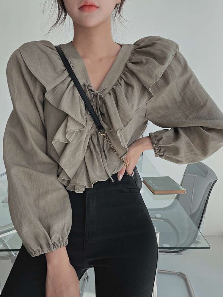 DAZY Ruffle Trim Tie Front Blouse | SHEIN