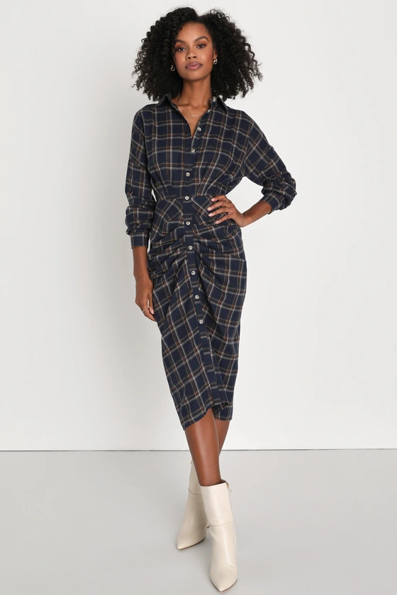 Seasonal Spirit Navy Blue Plaid Ruched Long Sleeve Midi Dress | Lulus