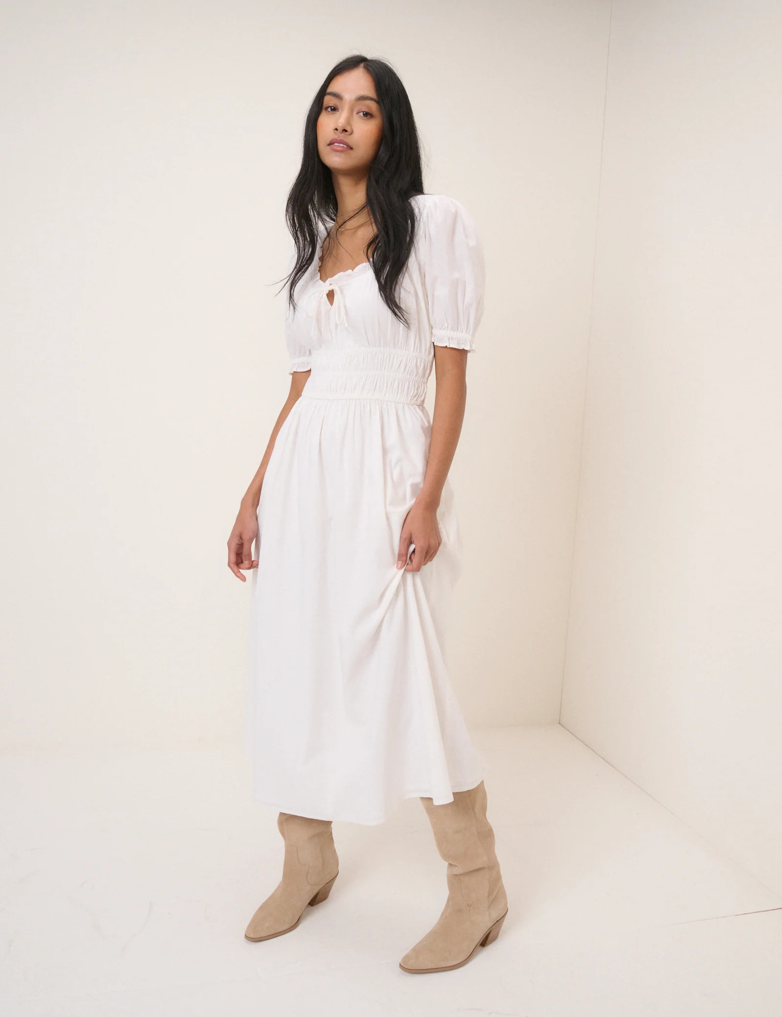 White Milkmaid Puff Sleeve Tula Midi Dress | Nobody's Child