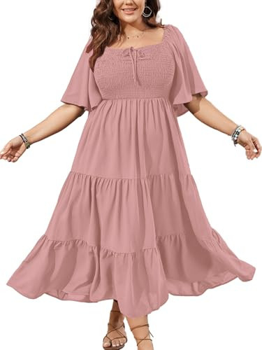 SCOMCHIC Women's Plus Size Flowy Maxi Dress Flutter Short Sleeve Boho Dress Square Neck Smocked Formal Dresses for Women Dusty Pink | Amazon (US)