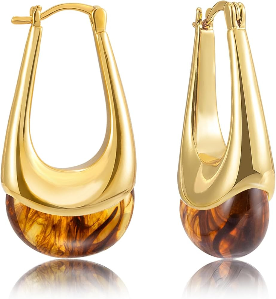 LAXPICOL Gold Chunky Dangle Earrings For Women Resin Stone Earrings Hoop Earrings, 18k Plated Ova... | Amazon (US)