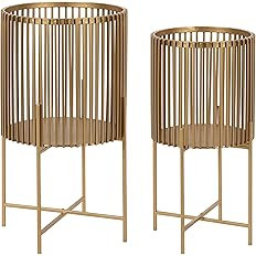 Kate and Laurel Paynter Modern 2-Piece Metal Floor Planter Set with Foldable Stand, Gold | Amazon (US)
