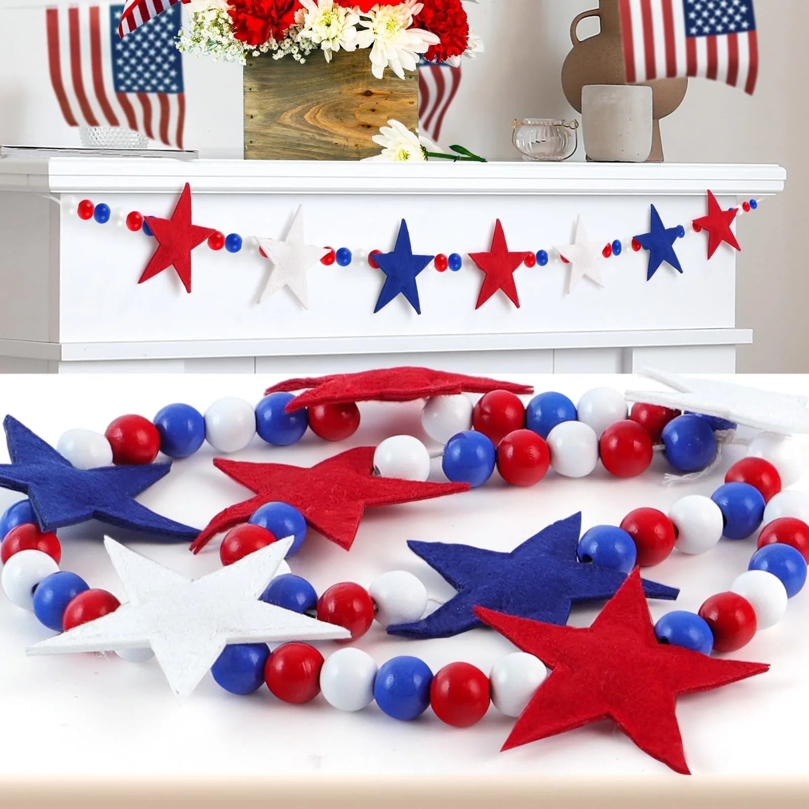 TETOU 4FT Patriotic Wooden Beads Garland with Star, Red White Blue American Flag Colors Beaded In... | Walmart (US)