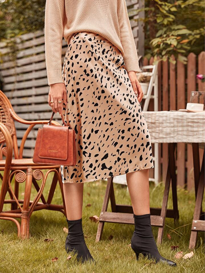 SHEIN Speckled Print Satin Midi Skirt | SHEIN