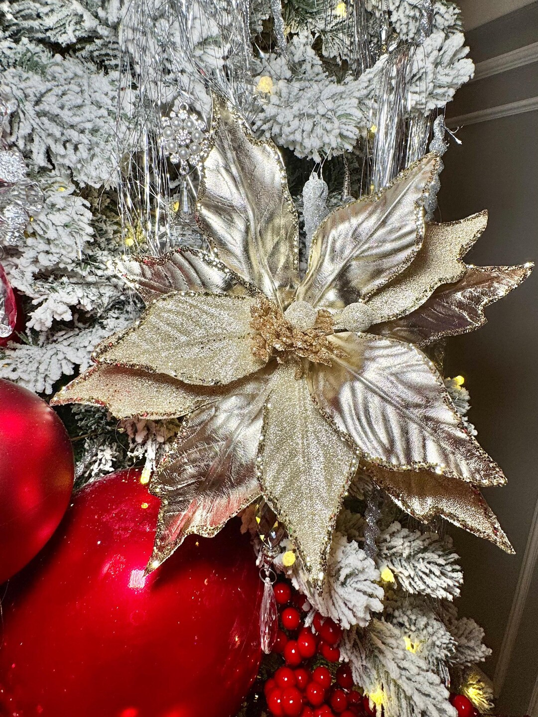 Christmas Flower Metallic Champagne Frosted Beads Poinsettia Stem Spray 12'' Set of 3 - Etsy | Etsy (US)