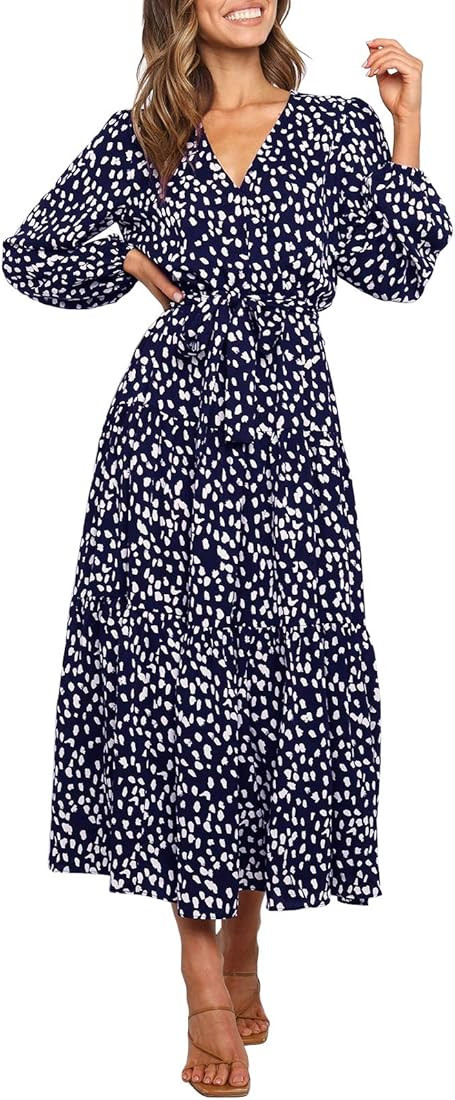 MITILLY Women's Boho Leopard Print Ruffle Long Sleeve V Neck Casual Flowy Party Maxi Dress | Amazon (US)