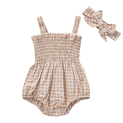 Newborn Baby Girl Bodysuit Sleeveless Halter Frill Romper One-piece Jumpsuit with Headband Summer Clothes Set (Khaki, 6-12 Months) | Amazon (US)