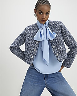 Blue Frayed Edge Boucle Jacket | River Island UK & IE