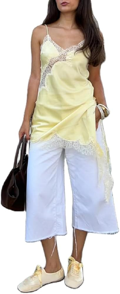 Silk Lace Trim Camisole Tops for Women Satin Layering Asymmetrical Tops Lace Patchwork Cami Tank ... | Amazon (US)