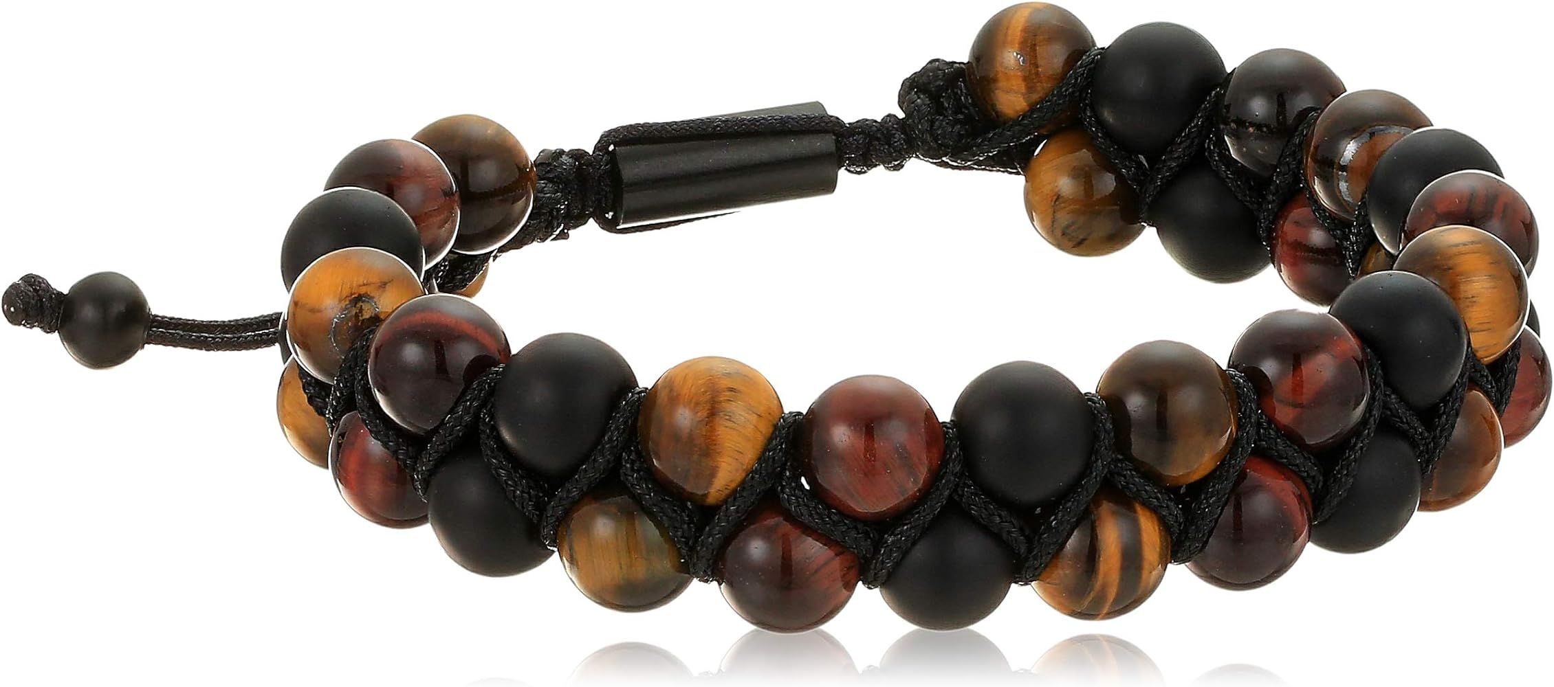 Steve Madden Men's Brown Simulated Tiger's Eye Double Beaded Adjustable Bracelet in Black IP Plat... | Amazon (US)