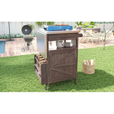 40.5" Outdoor Grill Cart With Stainless Steel Top, Solid Wood Outdoor Storage Cabinet With Drop Leaf, One Drawer, Towel Rack, Rolling Kitchen Cart Wit | Wayfair North America