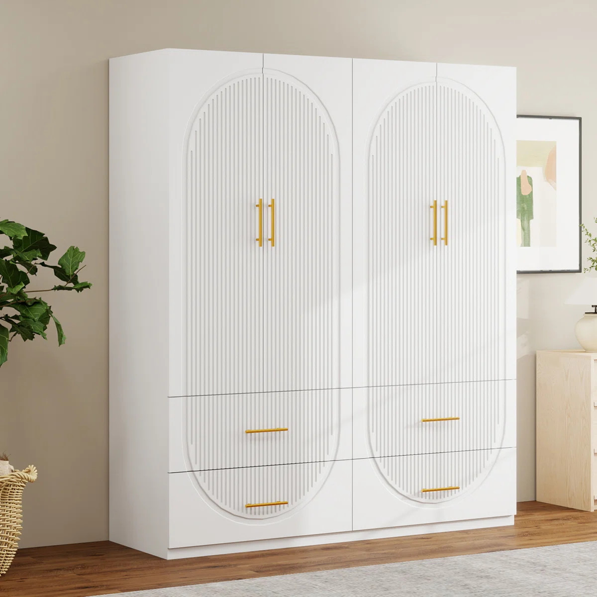 White Modern Style Bedroom Wardrobe - MDF Construction with 4 Drawers & Spacious Storage | Wayfair North America