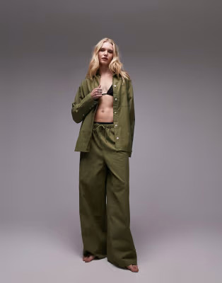Topshop linen blend beach trousers in khaki | ASOS (Global)