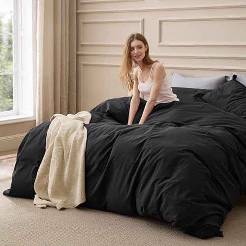 Bedsure 100% Washed Cotton Duvet Cover Queen Size - Black Minimalist Bedding Set Linen Like - PureWoven Plain Simple & Soft Comforter Cover for All Seasons (Black, Queen, 90"x90") | Amazon (US)