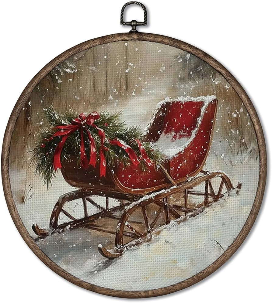 Giosve Winter Christmas Sleigh Round Wall Art Canvas Framed Poster, Rustic Farmhouse Winter Chris... | Amazon (US)