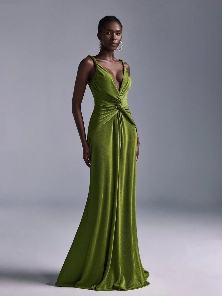 SHEIN Belle Elegant Olive Green Summer Evening Wedding Bridesmaid Dress, Deep V-Neck Sleeveless B... | SHEIN