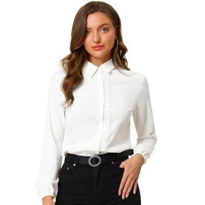 Allegra K Women's Office Solid Turn Down Collar Lace Trim Long Sleeve Button Down Shirt White Large | Target