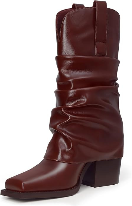 Women's Square Toe Cowboy Boots Fold Over Cowgirl Boots Pull On Chunky Heel Mid Calf Boots Fashio... | Amazon (US)