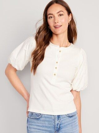 Fitted Puff-Sleeve Henley T-Shirt for Women | Old Navy (US)