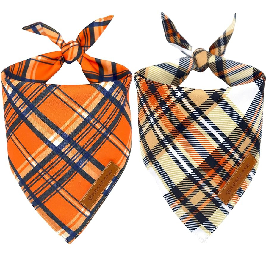 Realeaf Fall Dog Bandanas 2 Pack, Reversible Orange Plaid Holiday Pet Scarf for Boy and Girl, Pre... | Amazon (US)