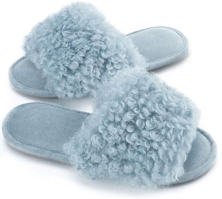 DL Womens Open Toe Slippers, Memory Foam House Slippers Indoor Bedroom with Furry Fur, Cozy Non-S... | Amazon (US)
