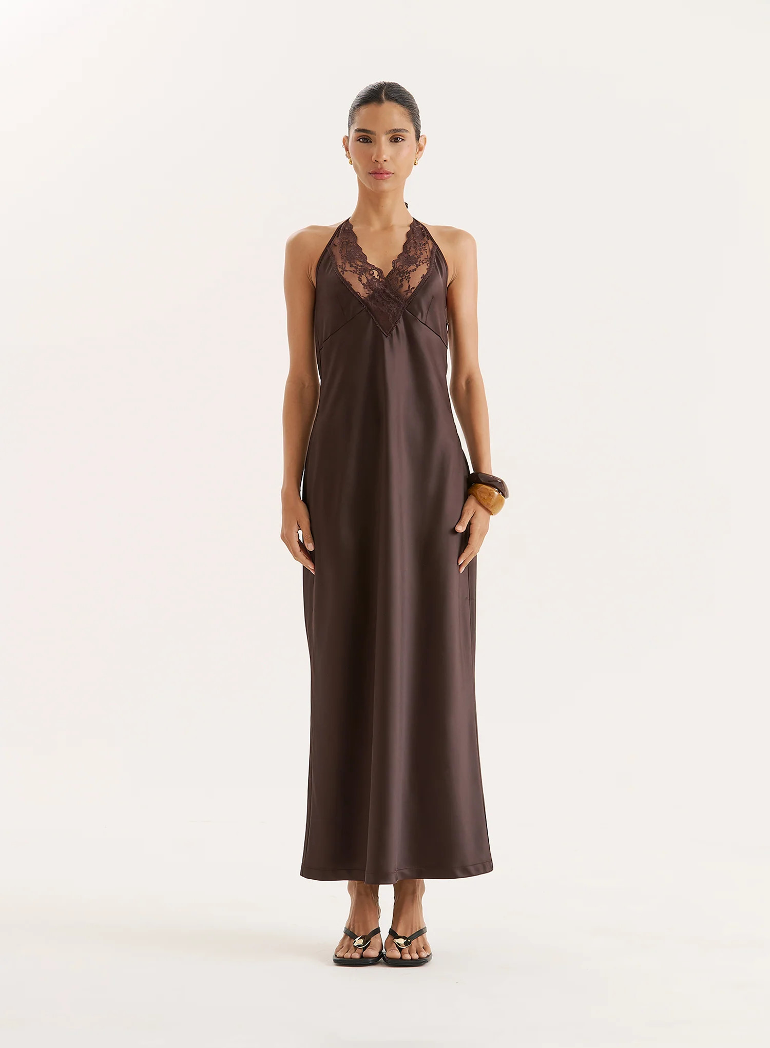 Chocolate Lace Trim Halterneck Satin Maxi Dress- Blair | 4th & Reckless