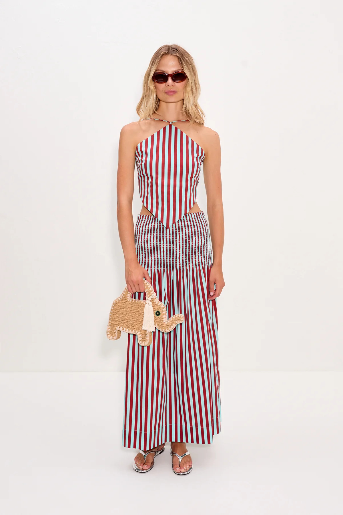 Kit Poplin Tie Top In Salted Blue/Crimson | Simon Miller