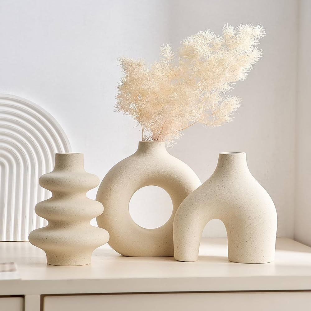 White Ceramic Vase Set of 3, Small Flower Vases for Pampas Grass, Modern Boho Vases for Decor, Ro... | Amazon (US)