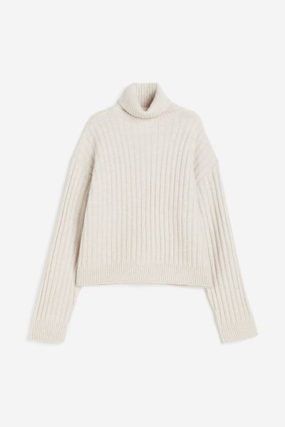 Rib-knit polo-neck jumper - Light beige - Ladies | H&M GB | H&M (UK, MY, IN, SG, PH, TW, HK)