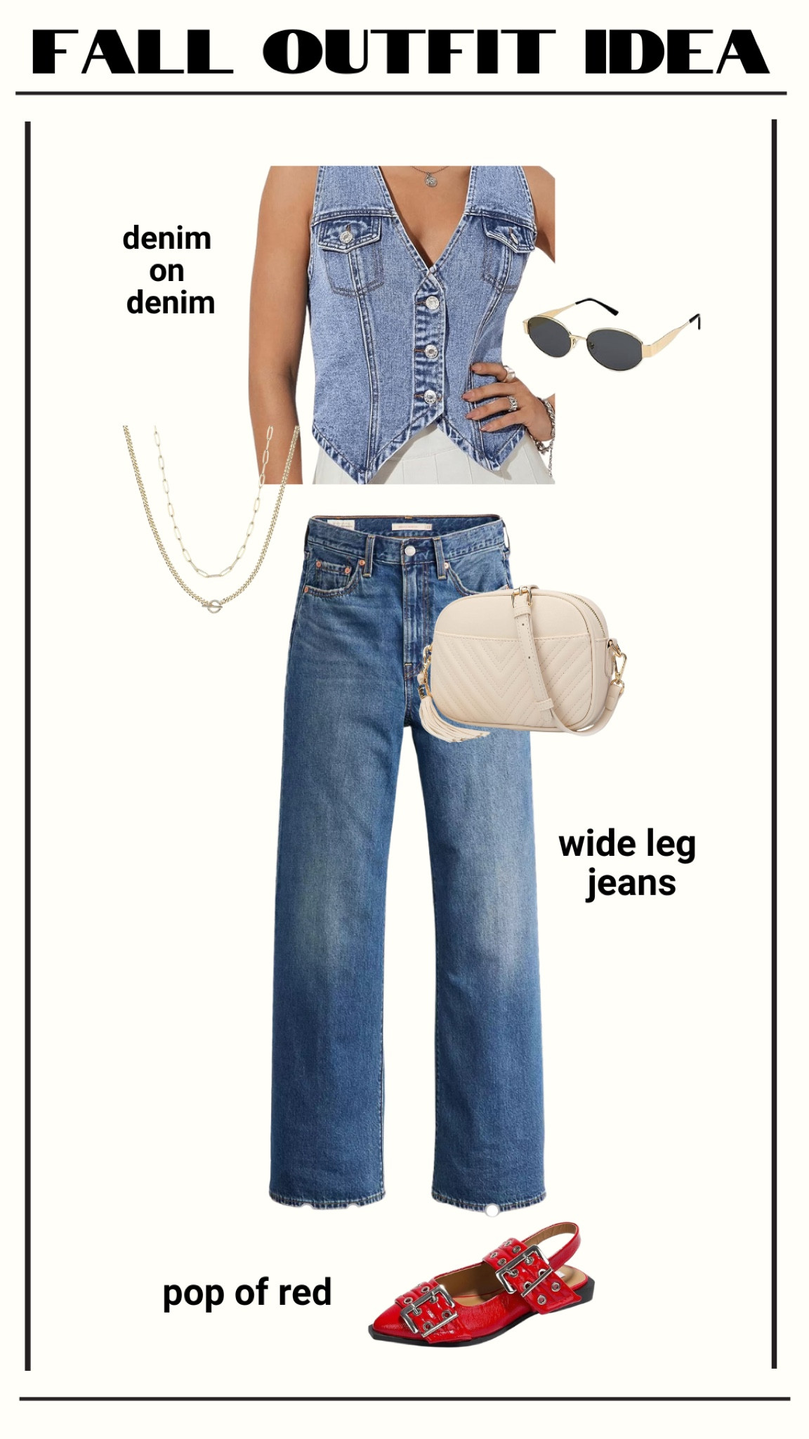 Fall outfit / fall outfit idea 

Denim on denim 
Denim vest 
Wide leg jeans 
Pop of red 

Wide leg jeans I sized down one to a 25 
Shoes true to size 

#LTKSaleAlert #LTKSeasonal #LTKShoeCrush