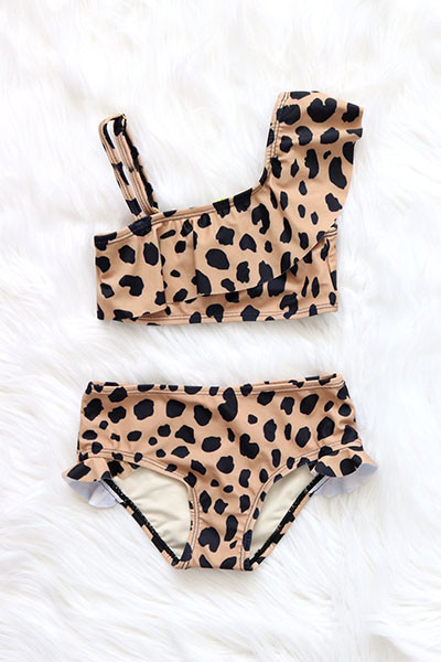 Kids Animal Print Two Piece Ruffle One Shoulder Swimsuit-Leopard Print | Fashion Junkee