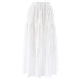 Frill Hem Broderie Cotton Midi Skirt in White | Chicwish