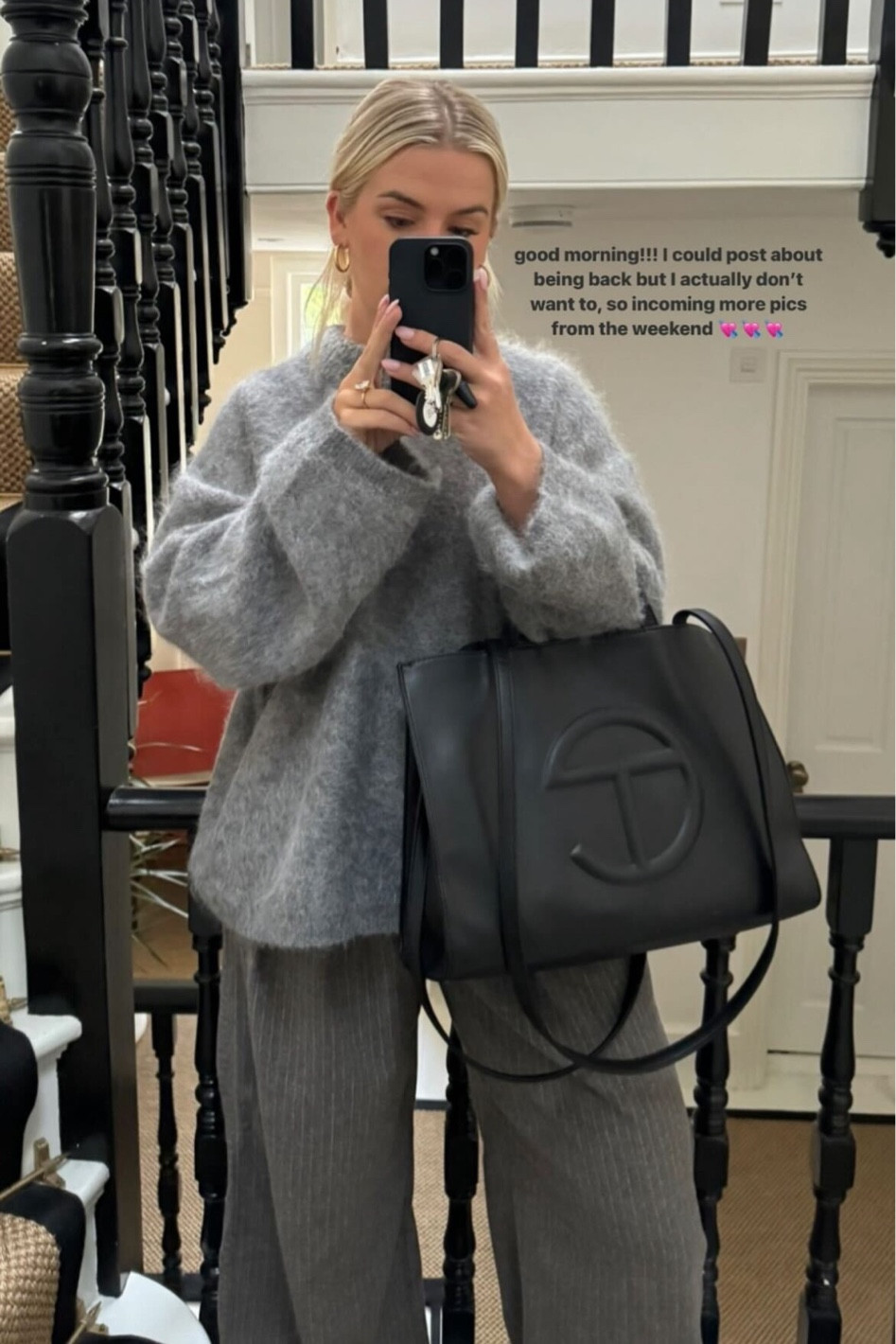 Pinstripe trousers , grey jumper , grey mohair knit , toteme jumper , black leather bag , autumn outfit , winter staples 

#LTKSeasonal #LTKCyberWeek #LTKeurope