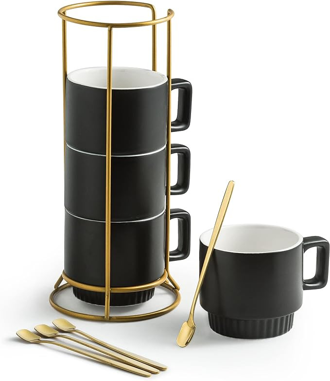 Stackable Coffee Mugs with Stand, 11oz Ceramic Latte Cup Set of 4 for Espresso Cappuccino Tea Hot... | Amazon (US)