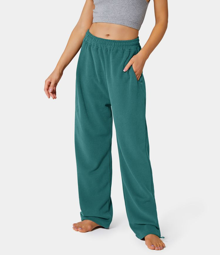 Women’s Inside Drawstring Elastic Waist Side Pocket Cotton Wide Leg Pants - HALARA | HALARA