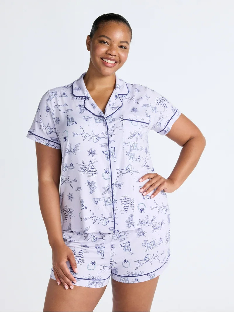 Joyspun Women’s Dreamy Soft Collection Notch Collar Knit Top and Boxer Shorts Pajama Set, Sizes... | Walmart (US)