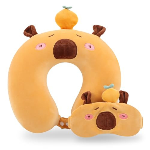 Travel Pillow, Kids Travel Pillow with Sleep Eye Mask Soft Memory Foam Kids Neck Pillow for Boys & Girls, Travel Accessories for Car Airplane Traveling - Capybara | Amazon (US)