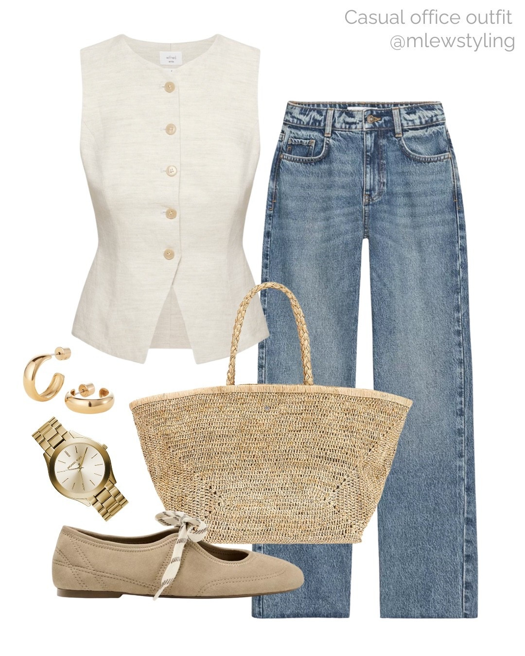 Spring to fall casual work outfit 🤍

Tags: linen vest, aritzia waistcoat, new-in Zara straight leg jeans, raffia tote bag, suede ballet flats, gold Michael kors warxh, Jenny bird hoop earrings, neutral aesthetic, casual workwear, autumn transitional look, office outfit 

#LTKShoeCrush #LTKWorkwear #LTKStyleTip