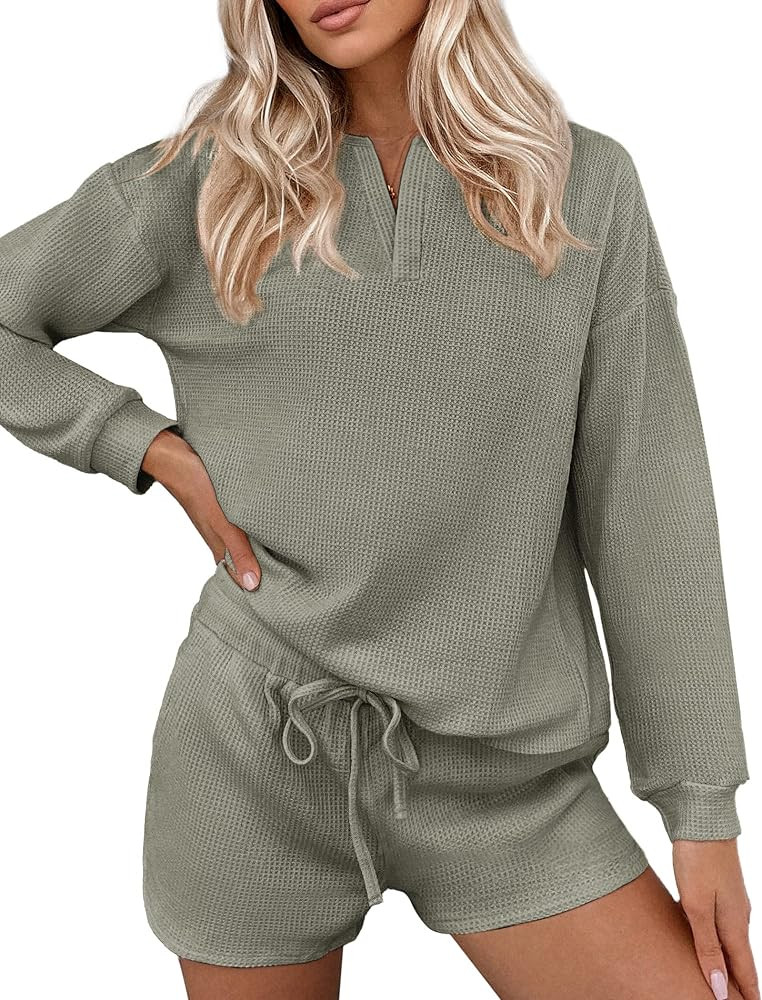 Ekouaer Pajamas Womens Waffle Knit Lounge Set Long Sleeve Top and Shorts 2 Piece Loungewear Outfits  | Amazon (US)