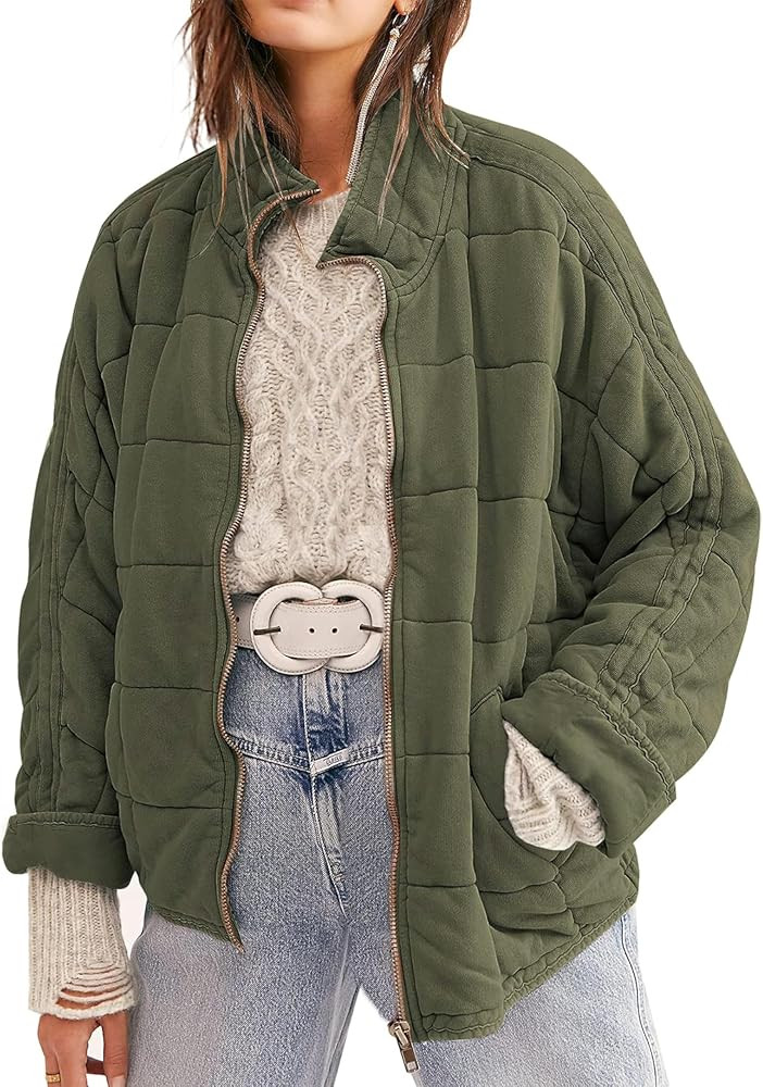 Womens Dolman Quilted Lightweight Jackets Full-zip Stand Collar Loose Warm Winter Outwears with P... | Amazon (US)