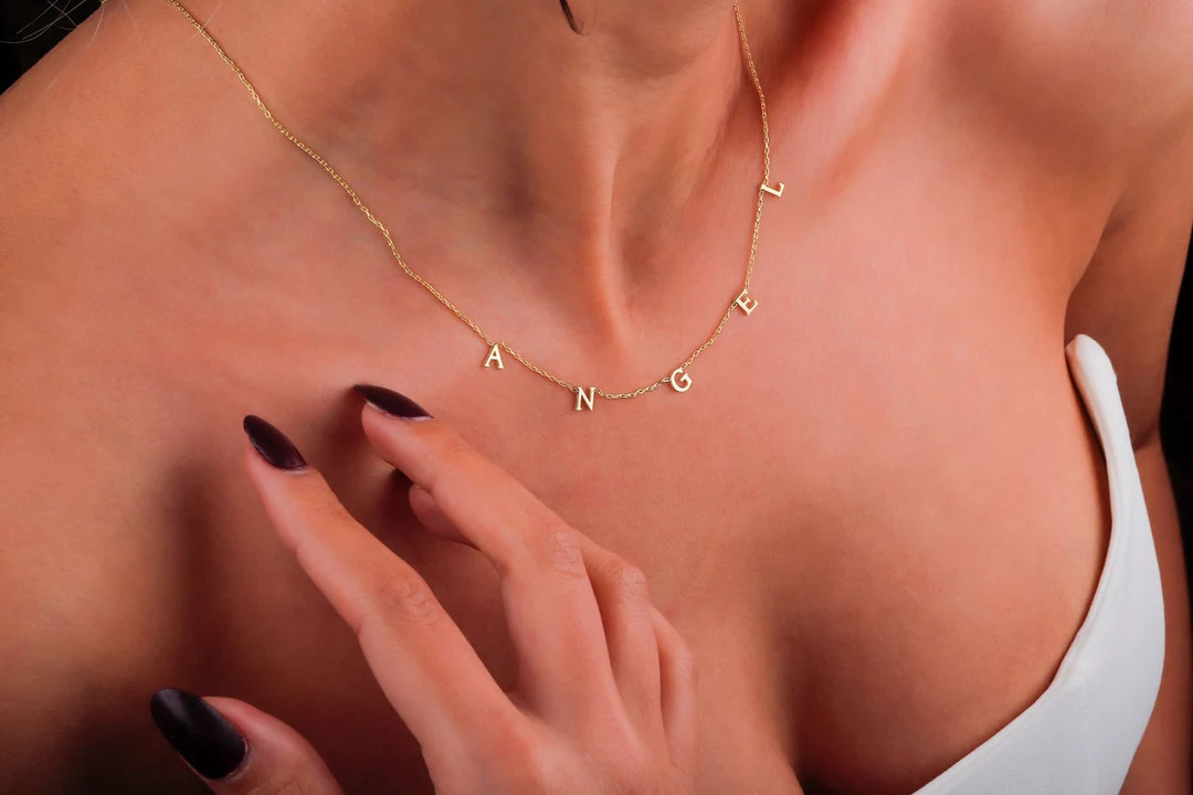 14K Gold Filled Dainty Initial Necklace Sideways Initial Necklace Spaced Letter Necklace Silver G... | Etsy (US)