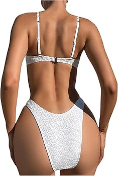 Women's 2 Pieces Swimsuits Textured Pearl Spaghetti Straps High Cut Bikini Set Bathing Suits | Amazon (US)