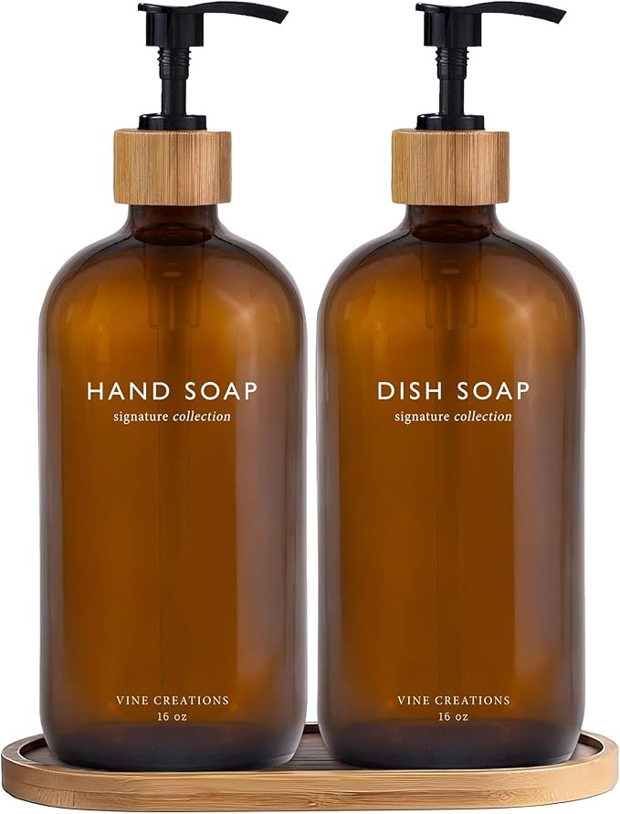 Vine Creations Amber Glass Soap Dispenser Set, Hand Soap and Dish Soap Dispenser Set with Bamboo ... | Amazon (US)