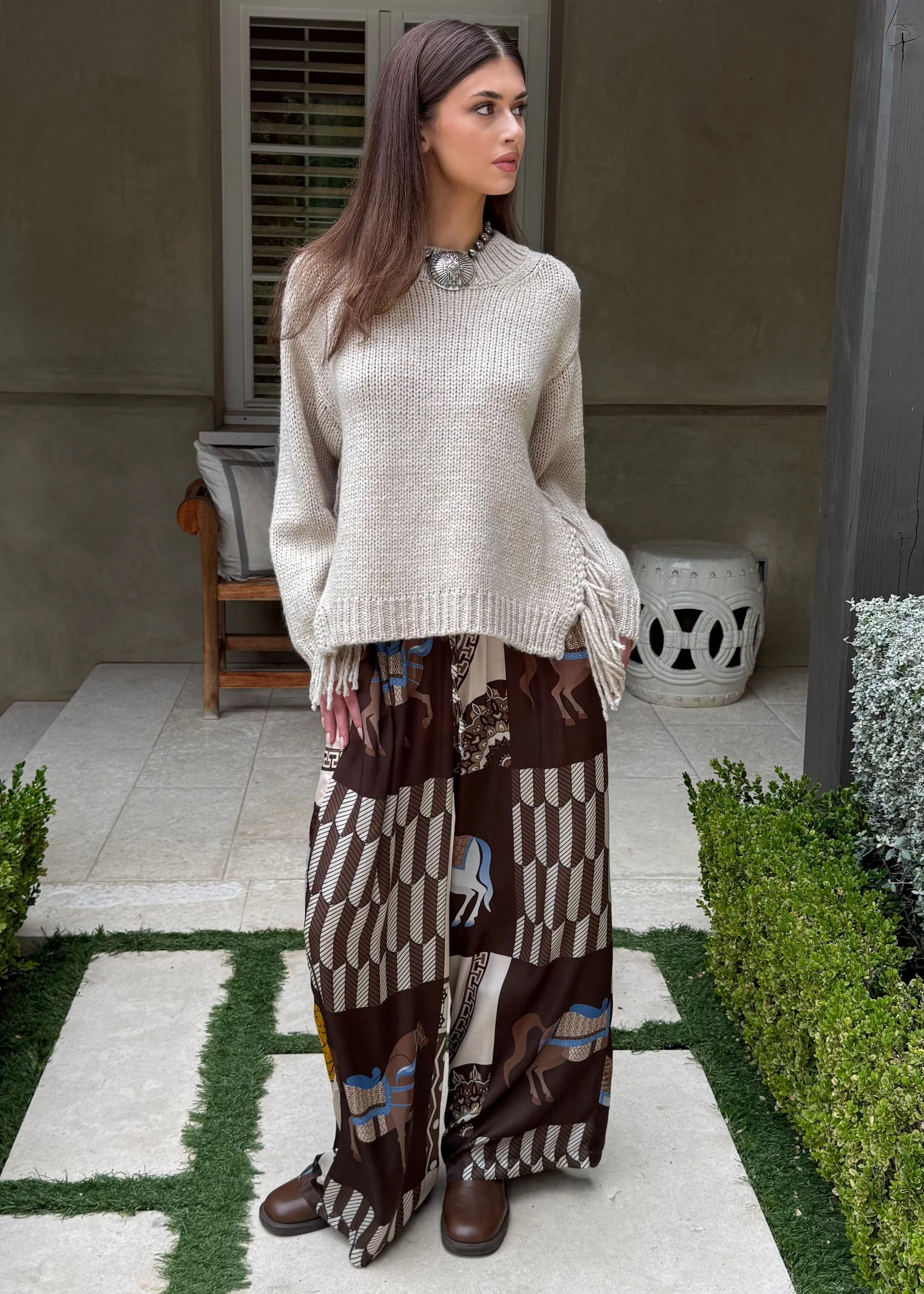 Annabelle Beige Side Fringe Long Sleeve Sweater Top | Benaar La