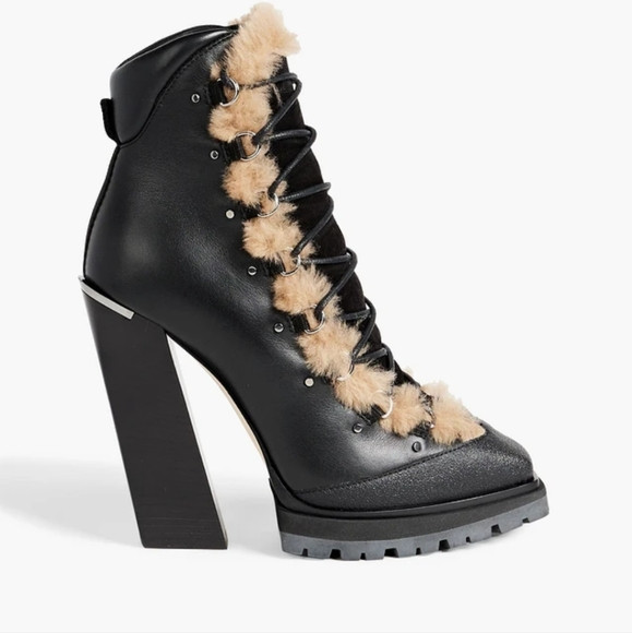 NEW JIMMY CHOO MADYN 130 SHEARLING TRIMMED LACE UP LEATHER ANKLE BOOTS | Poshmark