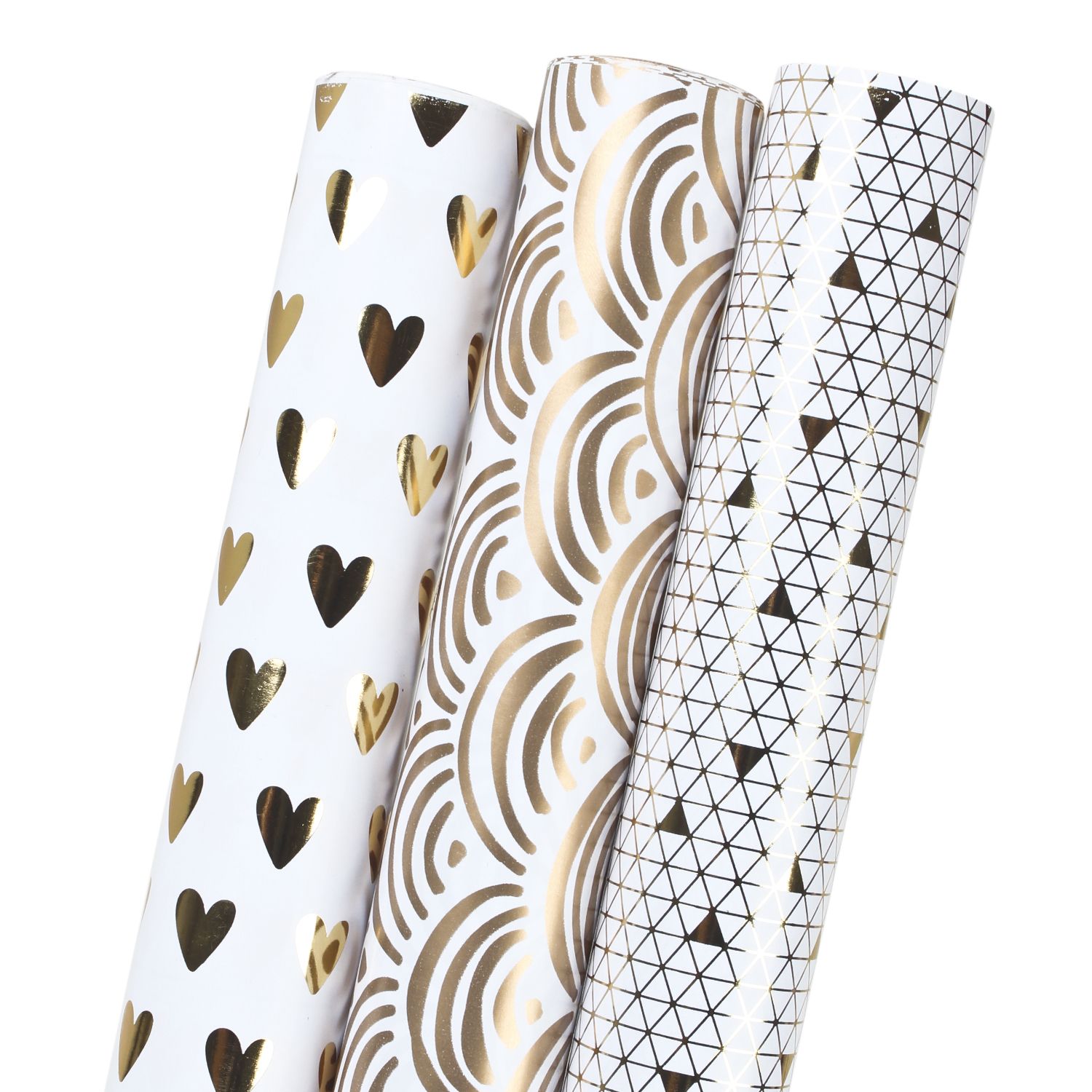 LaRibbons Elegant Series Hearts/Waves/Geometric Wrapping Paper White/Gold 30" x 120" 3 Roll Pack | Walmart (US)