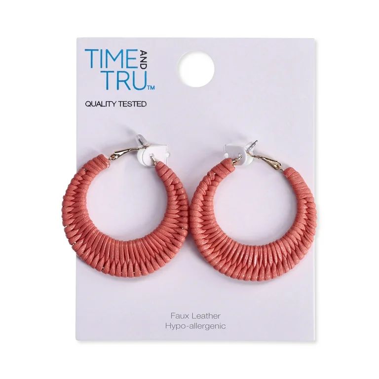 Time and Tru Women's Gold Tone and Pink Faux Leather Wrap Hoop Earrings | Walmart (US)